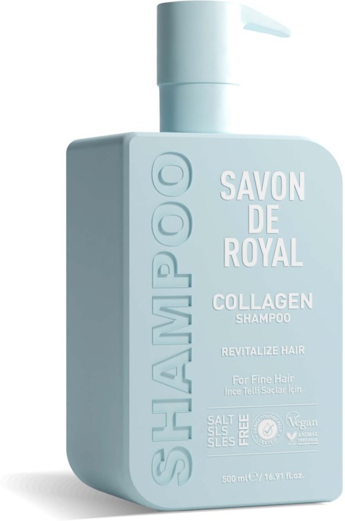 A light blue shampoo bottle with white text, labeled as 'SAVON DE ROYAL' collagen shampoo for fine hair.