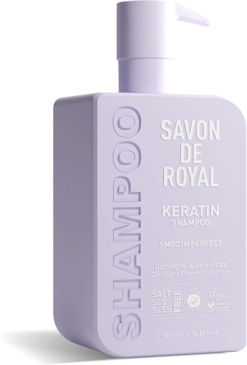 A lavender bottle of shampoo labeled 'SHAMPOO SAVON DE ROYAL KERATIN' with smooth design and anti-frizz features.