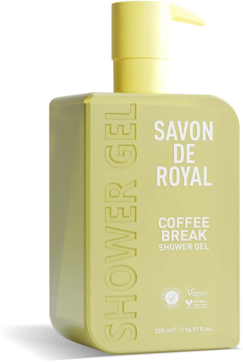 A yellow shower gel bottle labeled "Coffee Break" with a pump at the top.
