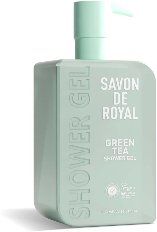 A green tea shower gel bottle with a flip cap, labeled 'Savon de Royal' and 'Vegan approved'.