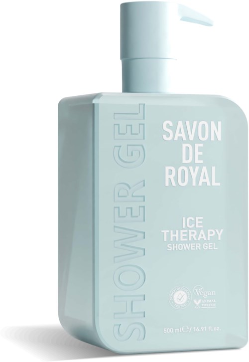 A light blue bottle labeled 'Shower Gel', 'Savon de Royal', and 'Ice Therapy' with a white cap.