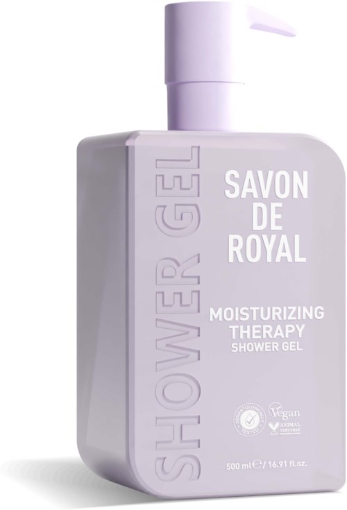 A white plastic bottle with a pump, labeled 'Shower Gel' and 'Moisturizing Therapy,' in a simple design.