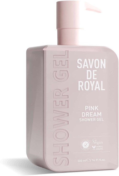 A pink bottle of shower gel called 'Pink Dream' with a white cap and label, standing upright.