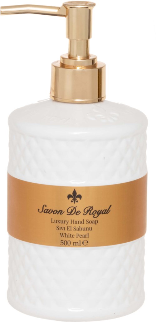 A white, textured soap dispenser with a gold pump and label, containing luxury hand soap.