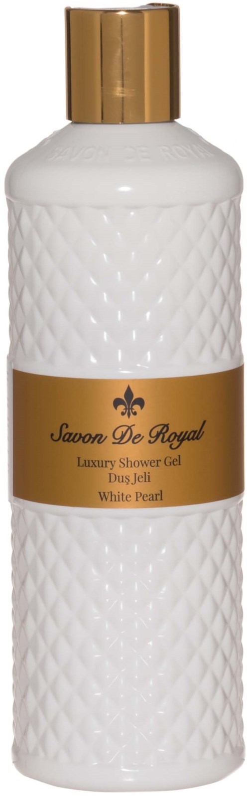A white bottle with a gold cap, featuring a gold label with black text, indicating a luxury shower gel scent.