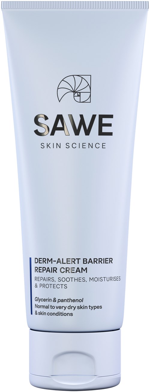 Eine weiße Tube mit SAWE Skin Science Derm-Alert Barrier Repair Cream, schwarzen und blauen Text und Logo.