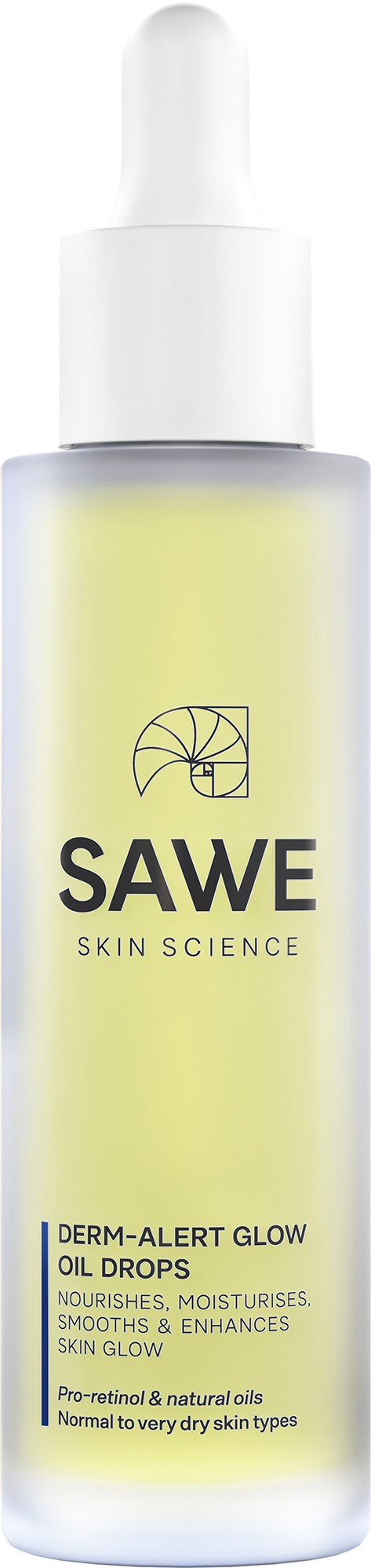 Eine klare Tropfflasche mit gelber Flüssigkeit, Marke Sawe Skin Science, für pflegende Hautpflege bei trockener Haut.