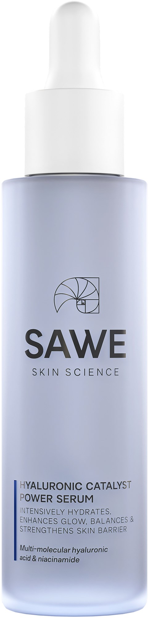Eine weiße und hellblaue Hautpflegeflasche mit Tropfverschluss, beschriftet "SAWE Skin Science Hyaluronic Catalyst Power Serum."