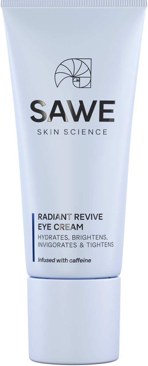 Eine weiße Tube mit SAWE Radiant Revive Eye Cream, Logo und Produktdetails.