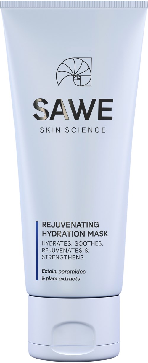 Eine weiße Tube von SAWE mit blauer und schwarzer Schrift und Logo an der Spitze.