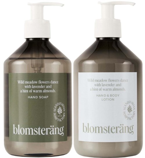 Zwei Flaschen natürlichen Hautpflegeprodukten, eine Handseife und eine Lotion, mit grünen und weißen Etiketten.