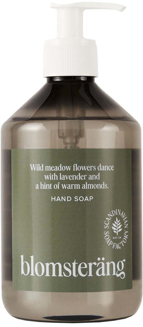 Dunkelgraue Flasche mit weißem Pumpaufsatz, hand soap mit Lavendel und Mandelduft, von Blomsteräng.