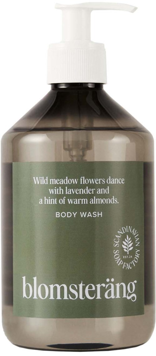 A dark bottle with a white pump, labeled Blomsteräng body wash with lavender scent and almonds.