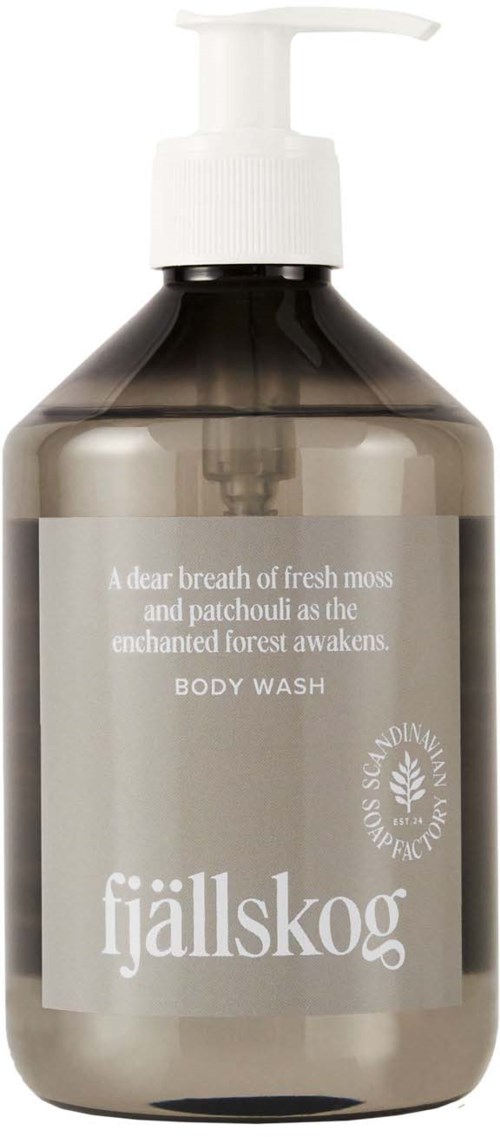 A dark bottle with a pump, labeled 'fjällskog' for body wash, describes fresh moss and patchouli scent.