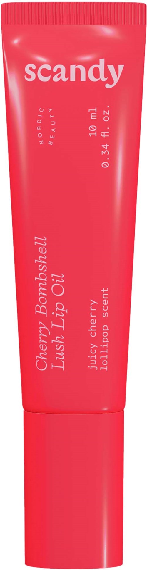 Tub med Scandy Cherry Bombshell Juicy Lip Gloss med röd förpackning och vit text.
