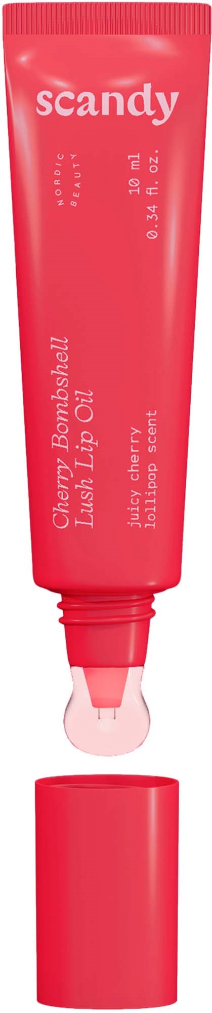 En rosa tub med läppbalsam och matchande lock, märkt Scandly Cherry Bombshell Lip Balm, visar produktens namn och detaljer.