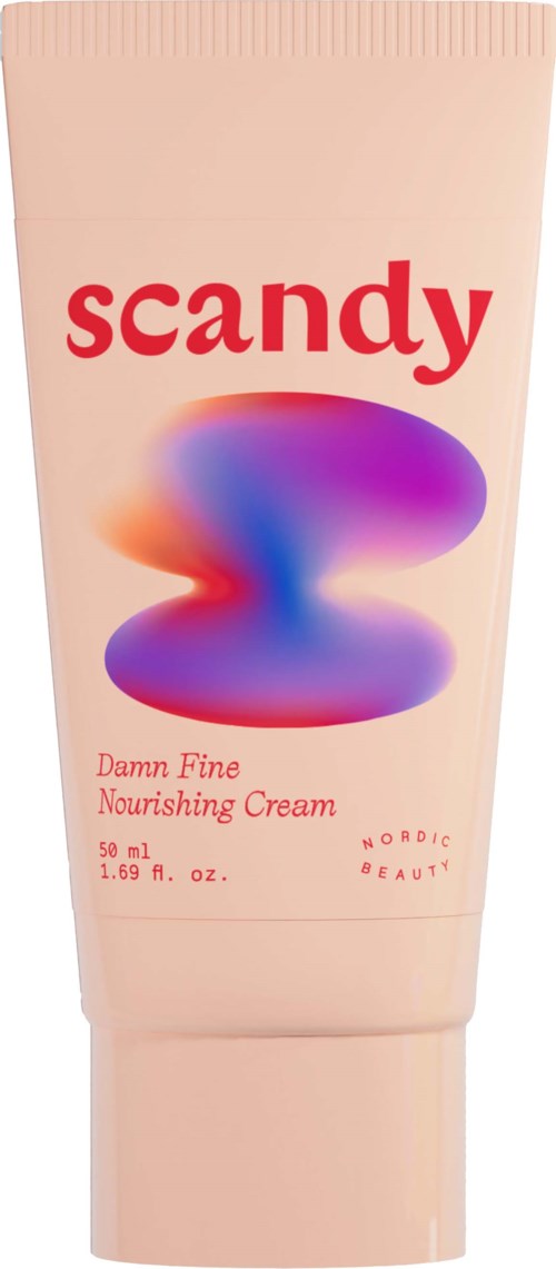 Een roze tube met voedende crème met kleurrijk abstract ontwerp en rode merknaam 'scandy'.