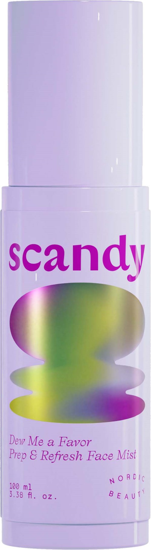 Een gezichtssprayfles met een paars en geel ontwerp en het woord "scandy".