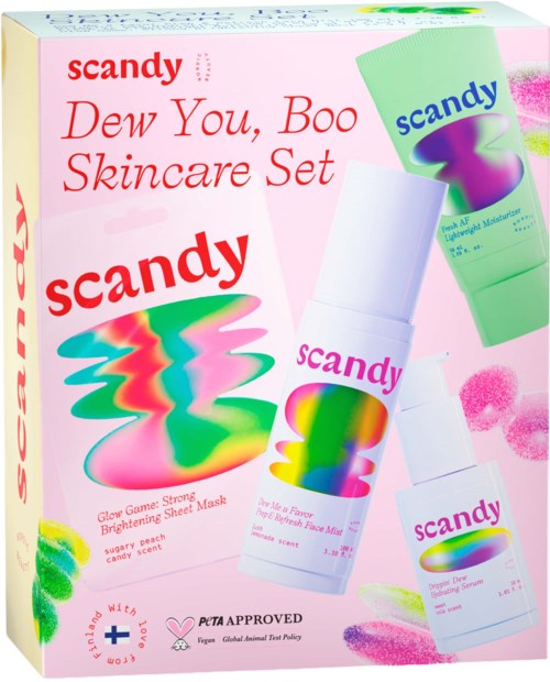 Skincare set packaging with colorful product images and text, featuring a face mask and brightening serum.