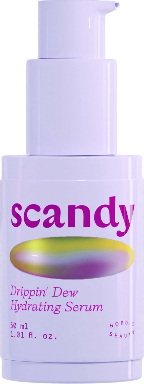 Een witte fles met paarse en gele label. Het zegt "scandy" en is een hydraterende serum voor de huid.