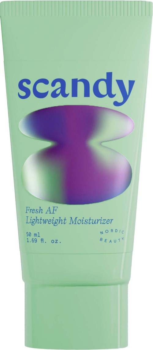 Lichtgroene tube van Scandy lichte vochtinbrengende crème met paarse en groene design, gemarkeerd als Fresh AF.
