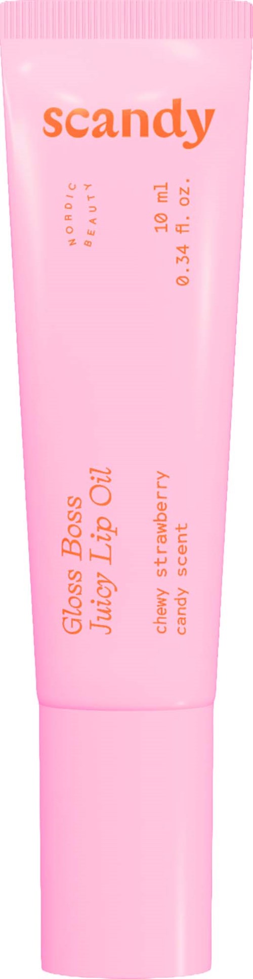 Een roze tube gloss boss lip olie met kers- en aardbeiensmaak, 0,34 fl oz.