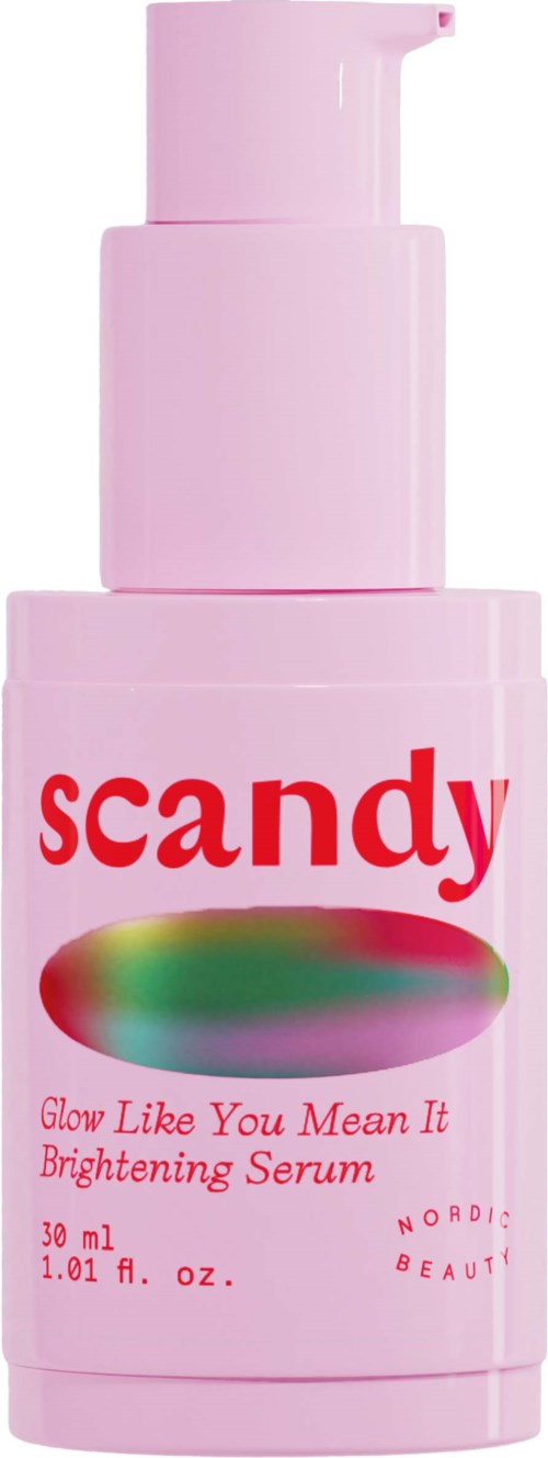 Een roze fles met pomp, met label 'scandy', bevat een verhelderend serum met een kleurrijke ovale grafiek.