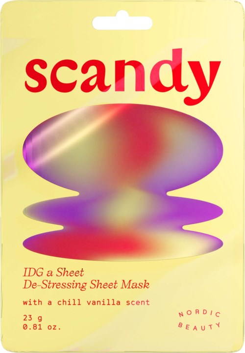 Verpakking voor een ontspannende sheetmasker met vanillesmaak, labeled 'scandy', in geel en paars.