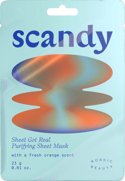 Lichtblauwe verpakking voor een gezichtsmasker met sinaasappellucht, met een kleurrijke abstracte vorm en tekst.