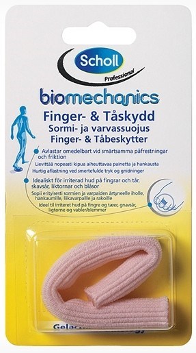 Ein Paket mit einem rosa Fingerüberzug, in einer weißen Schachtel mit blauer Schrift.