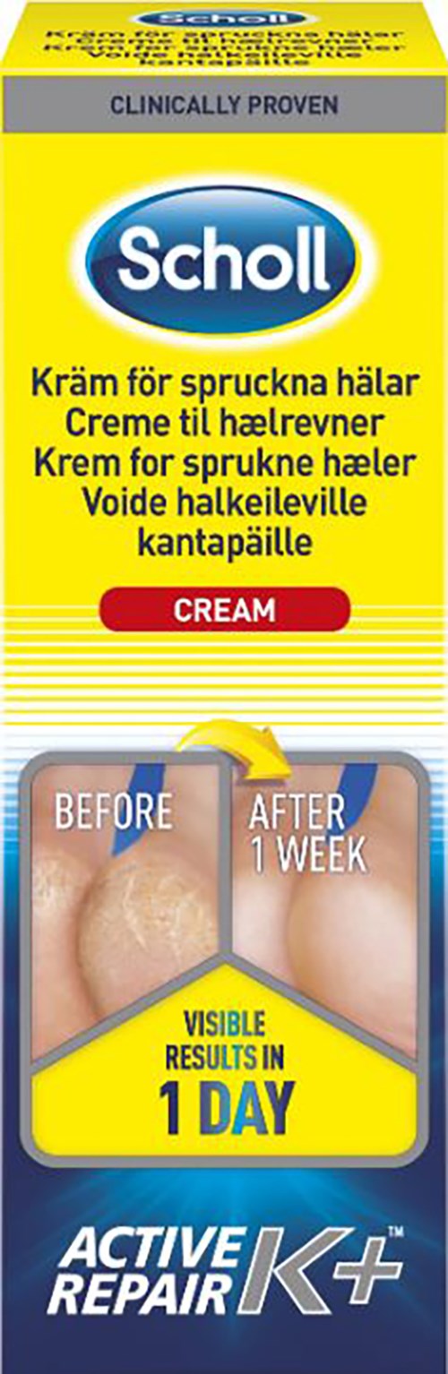 Eine Scholl-Creme gegen rissige Fersen zeigt Vorher- und Nachher-Bilder, Ergebnisse in einem Tag. Es betont aktive Reparatur.