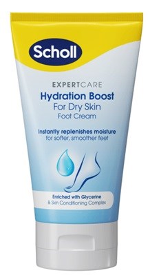 Eine Tube Scholl Hydration Boost Fußcreme mit blauer Beschriftung, die sofortige Feuchtigkeitsversorgung verspricht.