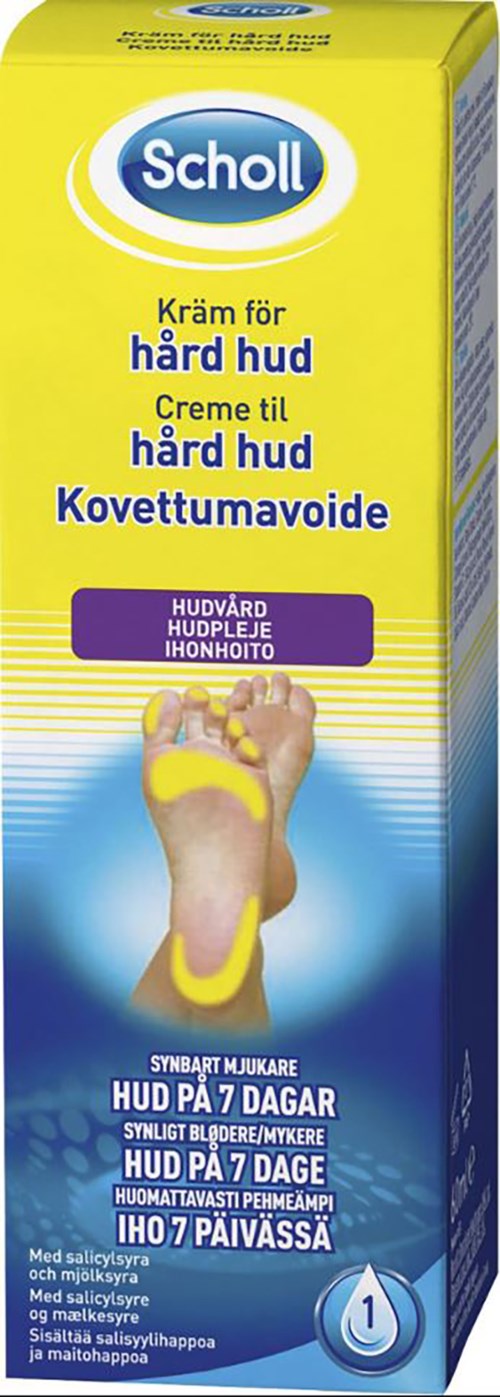 Eine gelbe Scholl-Box für Fußcreme gegen Hornhaut, zeigt einen Fuß mit einem gelben Ring.