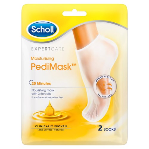 Ett paket med två sockliknande fotmasker för fuktgivande och närande av fötterna, med en gel-dropillustration och orange och vit design.