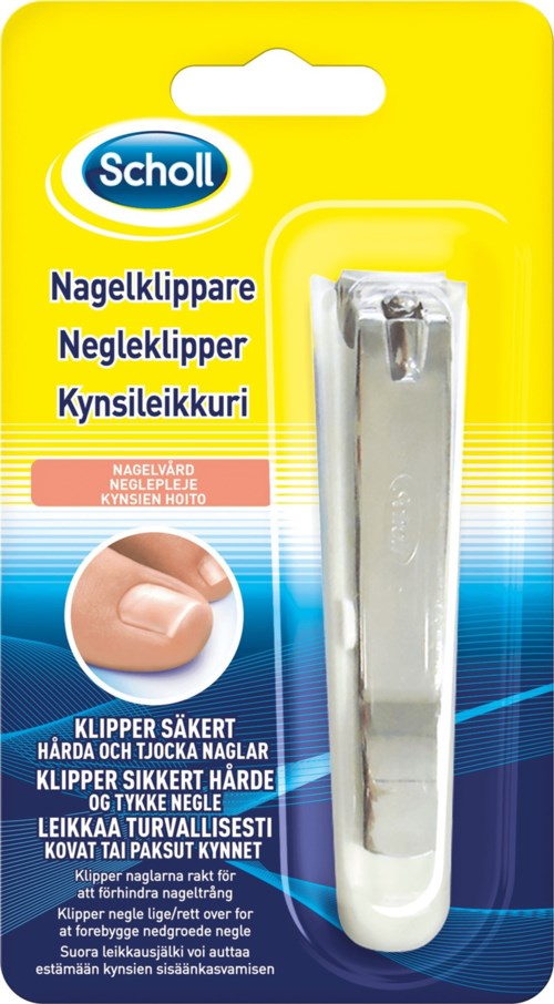 Eine Nagelzange in Plastikverpackung mit Blau, Gelb und Weiß, mit Text über Nagelpflege.