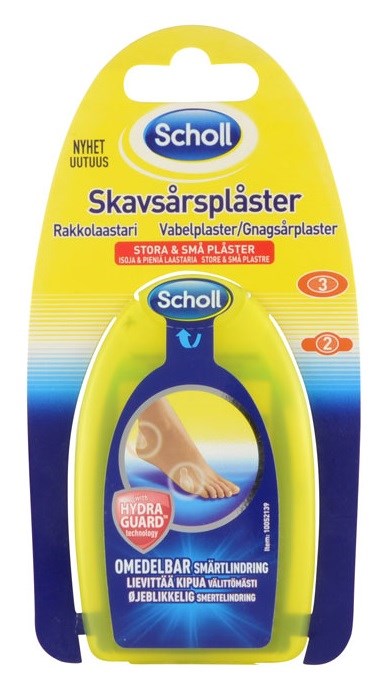 Ein gelber und blauer Schuh mit Griff, verpackt in einer Kunststoffverpackung für Schuhreparaturen.