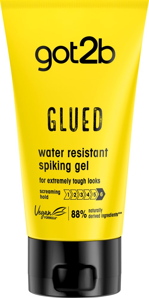Yellow tube of Got2b glued water-resistant spiking gel with black cap. Text mentions durability and vegan ingredients.