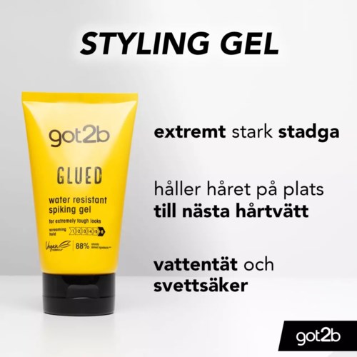 A yellow tube of styling gel with Swedish text, describing its features like holding hair and being water-resistant.