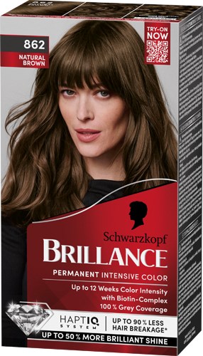 Een vrouw met lang bruin haar en bangs, op een haarverfverpakking gemerkt Schwarzkopf Brillance.