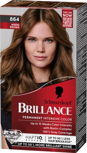 Een vrouw met lang, golvend bruin haar, blauwe ogen en een zelfverzekerde uitdrukking op een haarverfdoos.