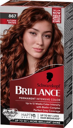Haarkleurverpakking met een vrouw die haar lange, krullende, bruin haar laat zien. De doos benadrukt tijdelijke, levendige kleur en dekking.
