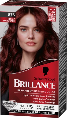 Vrouw met lang, golvend rood haar op een haarverfdoos. De doos toont Schwarzkopf Brillance en belooft levendige, langdurige kleur.