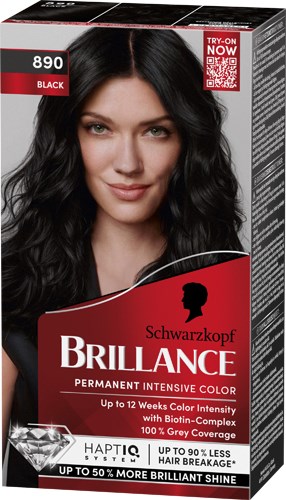 Een vrouw met lang zwart haar die glimlacht, in een Schwarzkopf Brillance haarverfdoos.