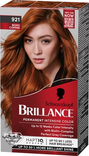 Roodharige vrouw met recht haar op haarverf-verpakking, bevordert levendige en langdurige kleur met speciale formule.