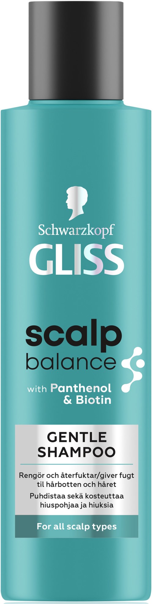 Heldere blauwe fles met zwarte dop, gemarkeerd als mild shampoo voor alle hoofdhuidtypen, met panthenol en biotine.