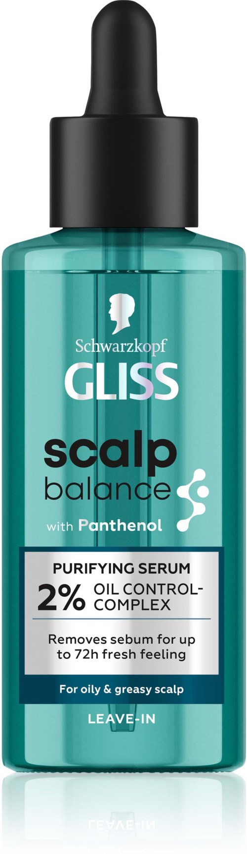 Green bottle with black dropper cap. Label says Gliss scalp balance serum with panthenol, controls oil, for oily scalps.