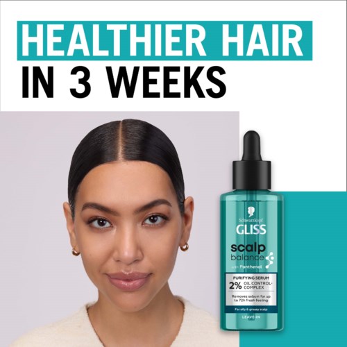 Text promises healthier hair in three weeks, with a woman healthy and confident, and a hair serum bottle nearby.