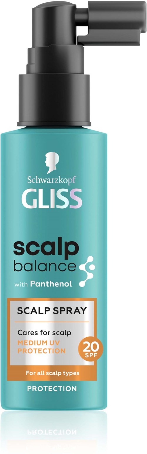Een blauwgroene fles met zwarte spraykop, gemarkeerd als hoofdhuid spray voor alle hoofdhuidtypes.