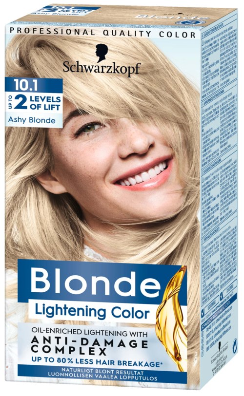 En blond kvinna ler på en hårfärgspaket, med text om blekning och anti-skadefunktioner.