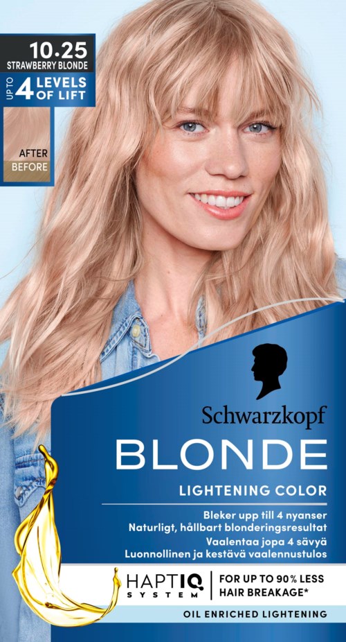 Hair dye package showing a smiling woman with long, wavy blonde hair, blue background, and product details in blue and white.